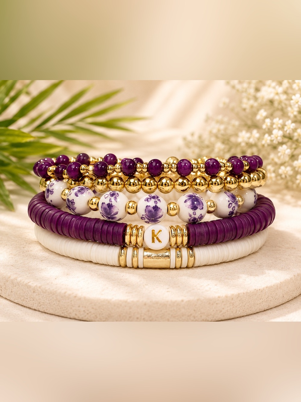 14K Gold Plated Custom Stack Bracelet - set of 5 - Purple & White